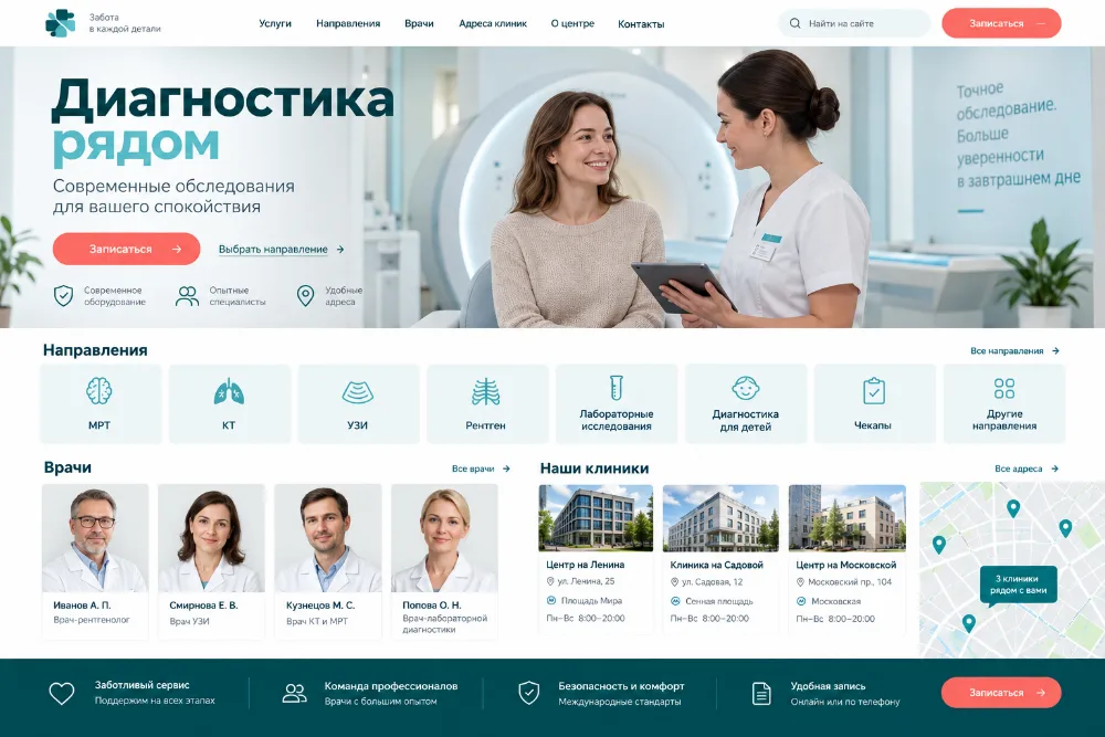 Концепт сайта сети диагностических клиник с направлениями, врачами и адресами