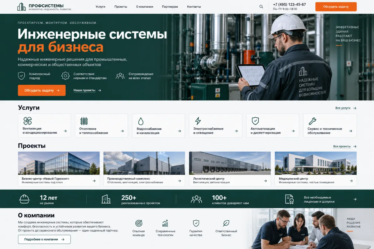 Пример сайта инженерной компании с услугами, проектами и информацией о бизнесе