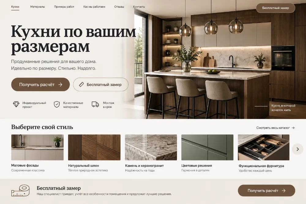 Концепт лендинга кухонь на заказ с интерьером, материалами и формой расчёта