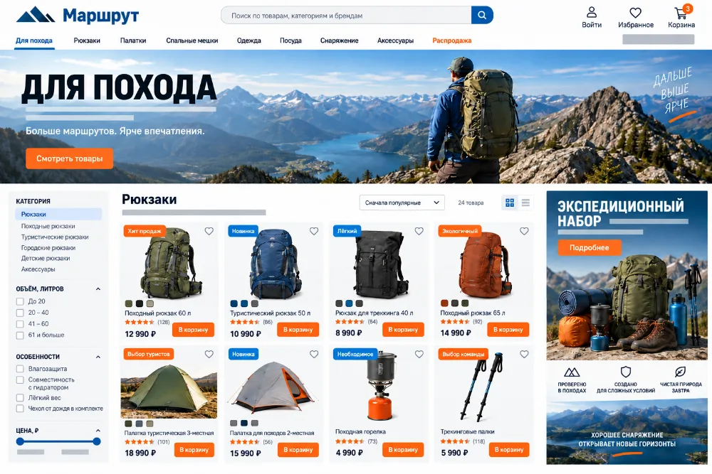 Демонстрационный каталог туристического снаряжения с фильтрами и подборками