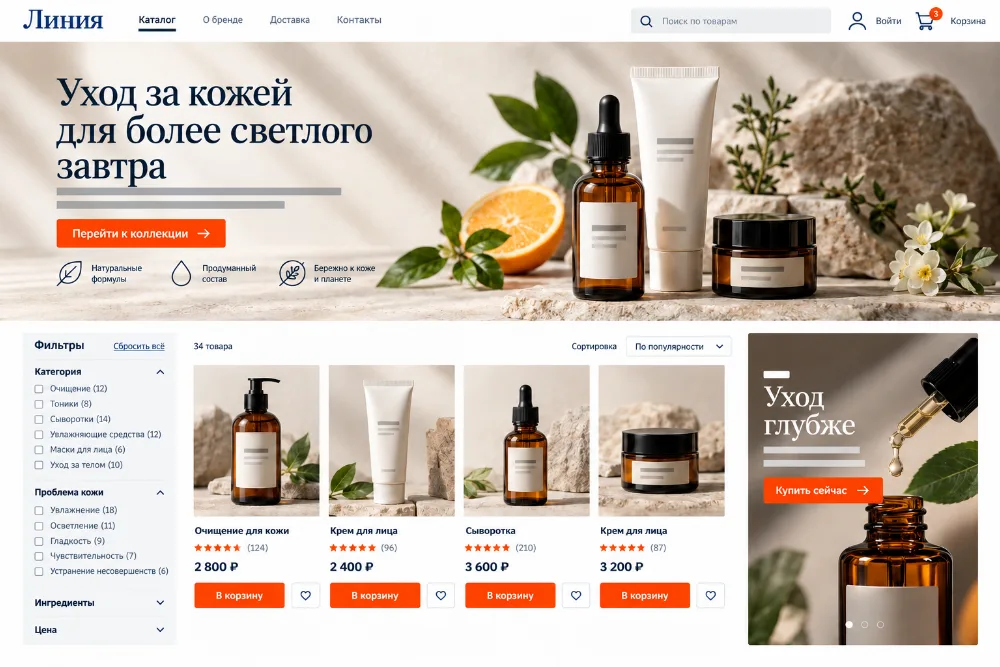 Демонстрационный интернет-магазин натуральной косметики с фильтрами и карточками товаров